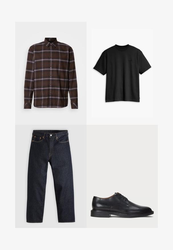 Brunternet terned skjorte med lange ærmer, knapper og hvide og sorte striber, spidse kraver og knaplukninger på neutral baggrund.; Sort bomulds T-shirt med runde halsudskæring og korte ærmer. Har et diskret frontlogo og en lige kant. Enkel og minimalistisk design.; Mørkeblå denimjeans med lige pasform, fem lommer, kontrasterende orange syning og knaplukning. Ingen synlige mønstre eller udsmykninger.; Sorte læder dress sko med rund tå, snørelukning og en lav stablet hæl. Glat tekstur med minimale syningsdetaljer.