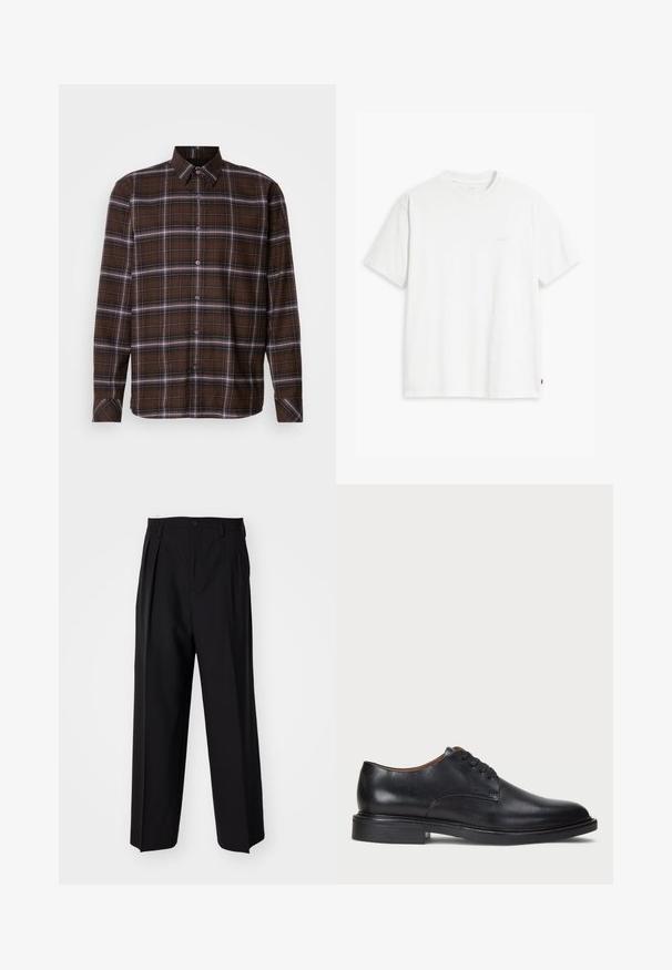 Braun kariertes Langarmhemd mit Knopfverschluss, weißen und schwarzen Streifen, spitzen Kragen und geknöpften Manschetten auf neutralem Hintergrund.; Weißes Baumwoll-T-Shirt mit kurzen Ärmeln, Rundhalsausschnitt und dezentem Levi's-Logo in der Mitte. Weicher Stoff und normale Passform.; Schwarze, plissierte Hose mit geradem, weitem Bein. Hergestellt aus glattem Stoff, mit Knopfverschluss und Gürtelschlaufen.; Schwarze Lederdressschuhe mit runder Zehenform, Schnürdesign und niedrigem gestapeltem Absatz. Glatte Textur mit minimalen Nähten.