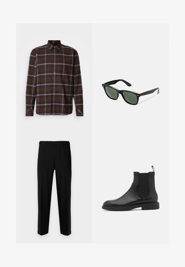 Camicia a maniche lunghe a quadri marrone con strisce bianche e nere, colletto a punta e polsini con bottone su sfondo neutro.; Pantaloni neri realizzati in tessuto liscio, con una vestibilità dritta, due tasche frontali e una chiusura con zip e bottone.; Stivale alla caviglia in pelle nera con texture liscia, pannelli laterali elastici e una linguetta per il tallone. Punta rotonda e suola piatta in gomma con minimo battistrada.; Occhiali da sole in plastica nera con lenti verdi, montatura quadrata, dettaglio argento sulla parte superiore e steli con texture. Marchio indicato sulla parte interna dello stelo.
