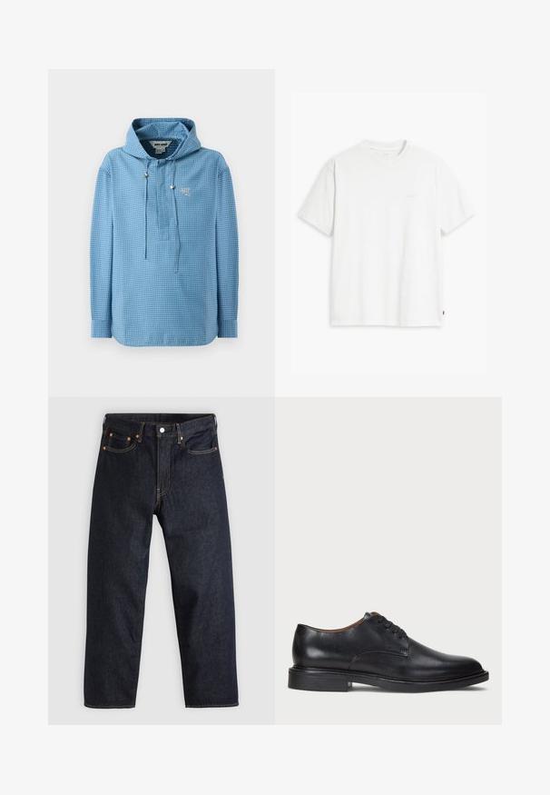 Šviesiai mėlynas džemperis su kapišonu, tarkime, su languota raštu, turintis raištelį, ilgomis rankovėmis ir maža logo krūtinėje.; Balta medvilninė marškinė su trumpomis rankovėmis, apvaliu kaklu ir subtiliu Levi's logotipu viduryje. Minkšta tekstūra ir standartinė išvaizda.; Tamsiai mėlynos džinsinės kelnės su tiesiu kirpimu, penkiomis kišenėmis, kontrastingomis oranžinėmis siūlėmis ir mygtukų užtrauktuku. Nėra matomų raštų ar papuošimų.; Juodas odinis suknių batelis su apvalia nosimi, raišteliais ir žemu, sukrautu kulnu. Lygus paviršius su minimaliais siuvinėjimo detalėmis.