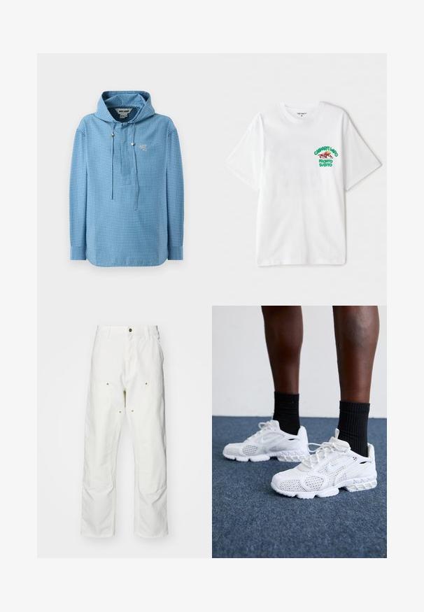 Felpa con cappuccio azzurro chiaro a motivo check, con coulisse, maniche lunghe e un piccolo logo sul petto.; T-shirt in cotone bianco con grafica testuale verde e rossa sul petto sinistro che riporta la scritta "cashart Who Pronto Subito." Maniche corte.; Pantaloni cargo bianchi in cotone con vestibilità rilassata. Tra le caratteristiche ci sono tasche frontali, dettagli in metallo dorato e sezioni rinforzate sulle ginocchia.; Scarpe da ginnastica bianche con tomaia in rete, dettagli testurizzati e suola imbottita. Abbinato a calzini neri a coste sopra la caviglia su una superficie in moquette blu.