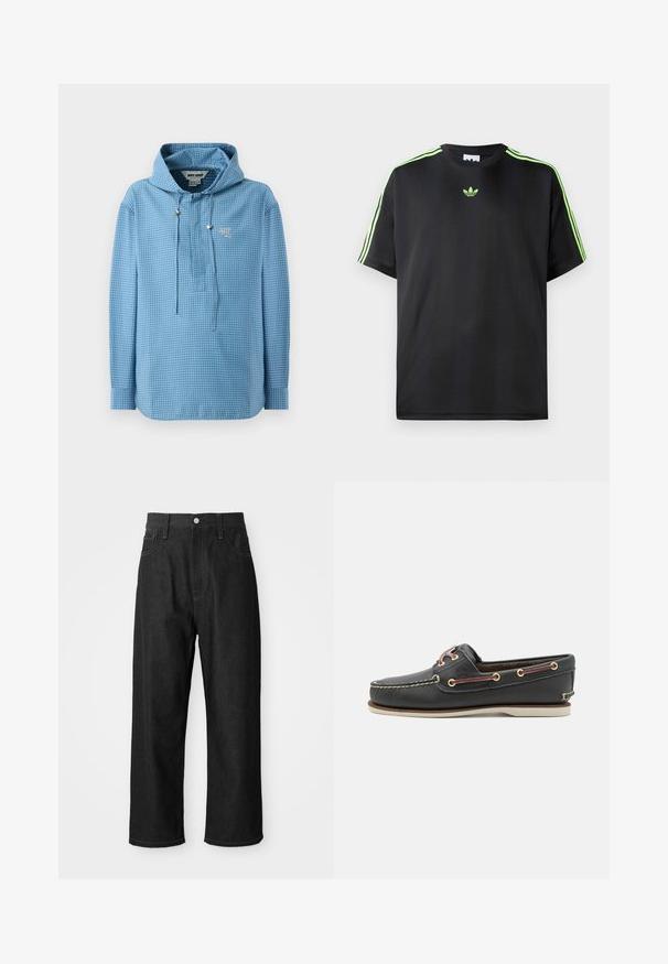 Světle modrá mikina s kapucí s kostkovaným vzorem, obsahující stahovací šňůrku, dlouhé rukávy a malé logo na hrudi.; Černé tričko vyrobené z hladké tkaniny s kulatým výstřihem, s třemi zelenými pruhy na ramenou a malým zeleným logem na hrudi.; Černé denimové kalhoty s volným střihem, vysokým pasem, zapínáním na zip a designem s pěti kapsami. Viditelné prošívání po celém obvodu.; Černé kožené lodní boty s kulatou špičkou, bílou gumovou podrážkou, zlatými očky a kontrastními vínovými tkaničkami. Obsahují prošívané detaily.