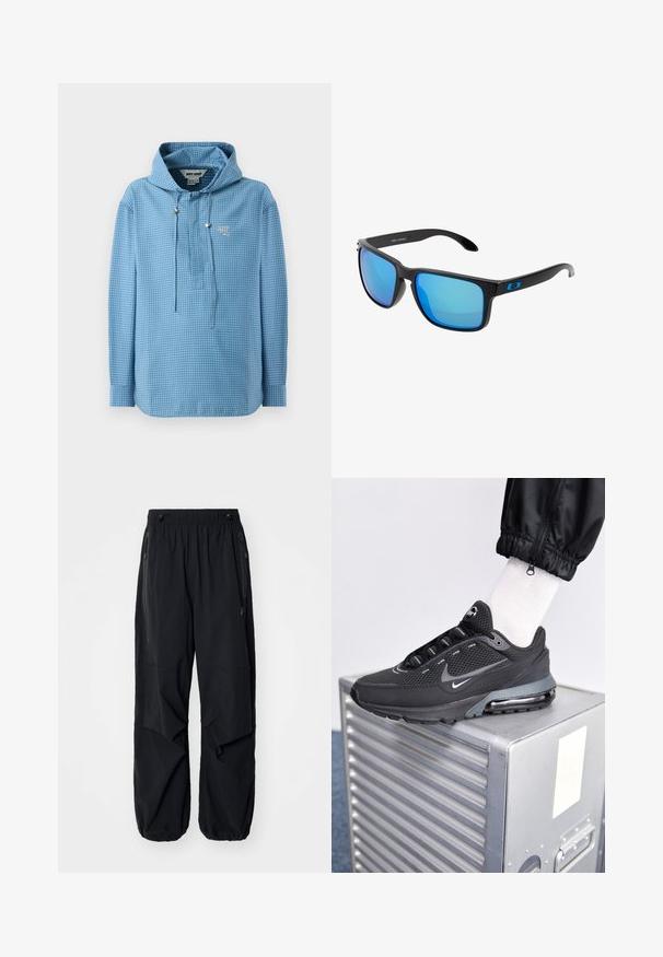 Jasnoniebieska koszula z kapturem w kratkę, z regulowanym sznurkiem, długimi rękawami i małym logo na piersi.; Czarne, lekkie spodnie cargo z elastycznym pasem, bocznymi zamkami błyskawicznymi i pojemnymi kieszeniami. Charakteryzują się luźnym krojem i zwężanymi mankietami.; Nike Sportswear PULSE czarny; Stylowe czarne okulary przeciwsłoneczne z niebieskimi lustrzanymi soczewkami, kwadratowymi oprawkami i niebieskim akcentem na zauszniku. Wykonane z lekkiego materiału plastikowego.