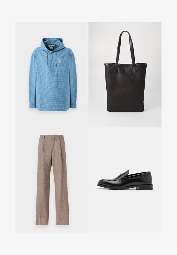 Cămașă cu kapșon de culoare albastru deschis, cu un model în carouri, având un șnur de strângere, mâneci lungi și un mic logo pe piept.; Pantaloni bej, cu talie înaltă, dintr-un material texturat. Prezintă picioare late și două pliseuri frontale pentru structură. Finisaj îngrijit, fără accesorii vizibile.; Mocasini din piele neagră cu o textură netedă, vârf rotund și o curea decorativă peste partea superioară. Toc mic, design minimalist.; Geantă de umăr din pânză neagră cu mânere din piele neagră. Design simplu, corp spațios și textură netedă. Fără logo-uri sau modele vizibile.