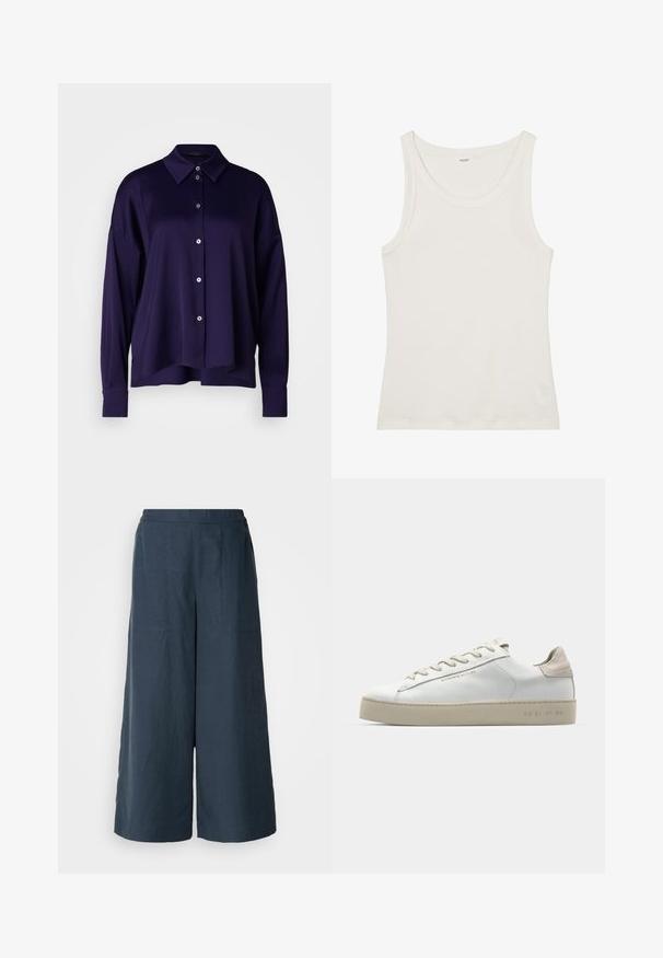 DRYKORN CLOELIA - Hemdbluse - purple; Weißes Baumwolltanktop mit weitem Ausschnitt und dünnen Schulterträgern. Glatte Textur ohne sichtbare Muster oder Verzierungen.; Weite Beinhosen in Marineblau, aus leichtem Stoff. Mit einer leicht strukturierten Oberfläche, elastischem Bund und Vordernähten.; Weiße Leder-Sneaker mit glatter Oberfläche, beigen Wildleder-Akzenten, runder Zehenpartie, flachem Schnürdesign und einer strukturierten Gummisohle.