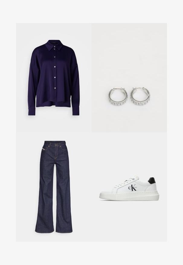 DRYKORN CLOELIA - Button-down blouse - purple; Dark blue wide-leg jeans in denim fabric with a high waist, featuring orange stitching, five-pocket design, and a button closure.; White low-top sneaker with black heel tab, platform sole, laces, and Calvin Klein "CK" logo on the side.; Silver hoop earrings with a textured design featuring vertical ridges. Circular shape with a secure latch closure. Smooth finish.