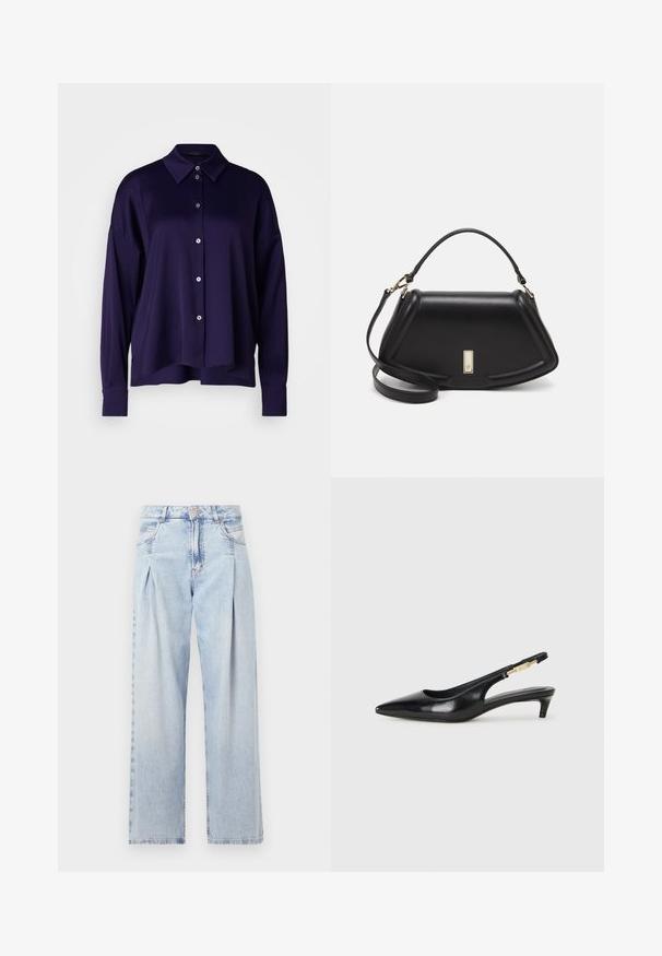 DRYKORN CLOELIA - Cămașă - purple; Jeans din denim albastru deschis cu talie înaltă, croială evazată, două buzunare laterale și un design pliat. Textură moale cu un finisaj decolorat.; Sandale slingback din piele neagră cu vârf ascuțit, având un toc subțire și un accent de culoare aurie pe curea ajustabilă. Textură netedă.; Geantă de umăr din piele neagră, cu un design structurat, având o formă tăiată, mânere superioare și accente din aur. Include o curea de umăr ajustabilă.