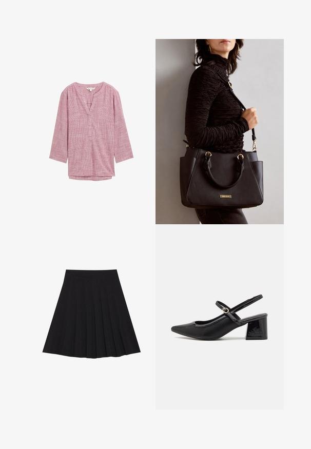 Rood-wit geruit tuniek met een V-hals, 3/4 mouwen en een losse pasvorm. Gemaakt van lichte stof, met een subtiele textuur.; Zwarte plisseerok van een gestructureerde stof met een aansluitende tailleband. Valt tot op de knie en heeft een gladde, strakke silhouette.; Zwarte gepolijste leren slingback hakken met een spitse neus, een ronde uitsnede en een blokhak. Voorzien van een gouden gespaccent.; Zwarte handtas met gestructureerd oppervlak, dubbele bovenhandvatten en verstelbare schouderriem. Voorzien van goudkleurige hardware en zijzakken.