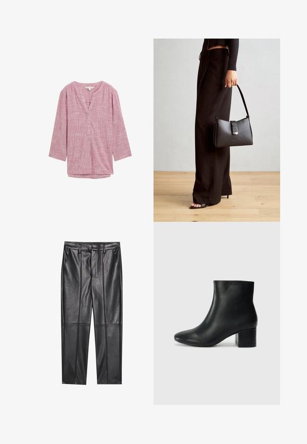 Rood-wit geruit tuniek met een V-hals, 3/4 mouwen en een losse pasvorm. Gemaakt van lichte stof, met een subtiele textuur.; Zwarte leren broeken met een gladde textuur, voorzien van een rechte pasvorm, twee voorzakken en zichtbare naaddetail.; Zwarte leren enkellaarzen met een spitse neus en een chunky hak. Gladde textuur met minimale accenten en een slank, strakk ontwerp.; Zwarte handtas met gestructureerde vorm, gladde textuur en een metalen sluiting. Gecombineerd met brede zwarte broeken en sandalen met open teen op een houten vloer.
