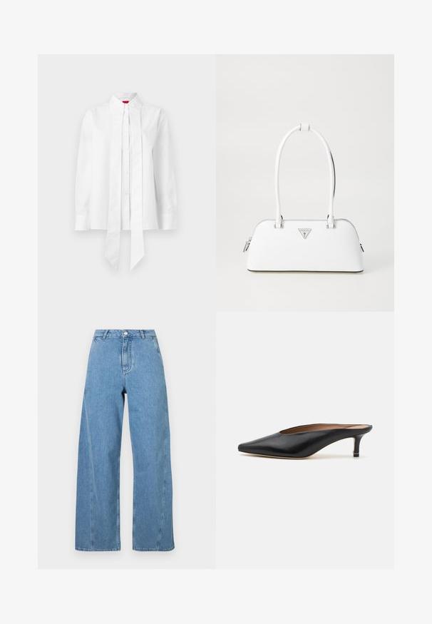 White shirt made of cotton blend, featuring a high collar, pleated front, long sleeves, and a tied detail at the hem. Smooth texture.; Light blue wide-leg jeans made of denim, featuring a high waist, straight cut, and contrasting stitching along the seams.; Black leather mules with a pointed toe and low, block heel. Smooth texture with a sleek design. Open back with minimal detailing.; White leather handbag with a curved shape, featuring a silver triangular logo and zipper closure. Smooth texture and dual handles.