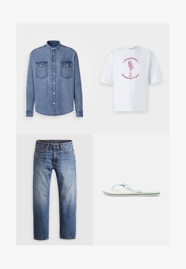 Šviesiai mėlynas džinsinis marškinis su sagų užsegimu, dviem krūtinės kišenėmis ir klasikiniais atvartais. Turi siuvinėjimo detales ir logotipo etiketę.; Balta medvilninė marškinėlių su raudonu grafiniu piešiniu, vaizduojančiu porą, ir tekstu "Fiorucci 1967 dreaming of you" apskritime.; Tiesios kojų mėlynos džinsinės kelnės su mygtuko ir užtrauktuko uždarymu, penkiomis kišenėmis ir oranžinėmis siūlėmis šviesiai pilkame fone.; Baltos šlepetės su tekstūruotu padu, plonais dirželiais ir daugiaspalve akcento juosta ant pado. Ant dirželio yra logotipas.