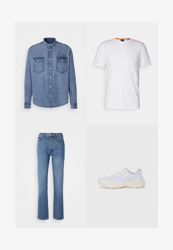 Gaiši zilā džinsu krekls ar pogu aizdari priekšpusē, divām krūšu kabatām un klasisku apkakli. Iespējas vīļu apdare un logo birka.; Balta kokvilnas T-krekls ar apaļu kakla izgriezumu, īsām piedurknēm un nemanāmu reljefa logo uz krūšu daļas. Iekšējā birka ar oranžu akcentu.; Zilā denima bikses ar augstu jostasvietu, taisnas kājas dizainu un vieglu nolietojumu. Satur klasisku piecu kabatu stilu un ar rāvējslēdzēju aizdari.; Baltas sporta apavi, kas izgatavoti no sieta un zamšāda, ar teksturētu starpzoli, teksturētām akcentēm un "HUGO" logo sānos.