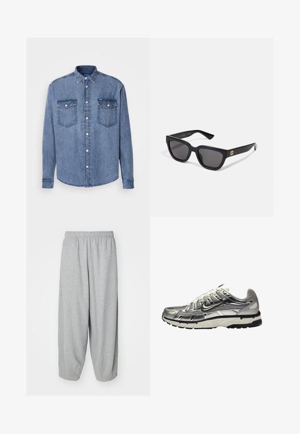 Lys blå denimskjorte med knapplukking foran, to brystlommer og klassisk krage. Har stikningdetaljer og en logomerke.; Lys grå, løse joggebukser laget av myk stoff. Elastisk midje og mansjetter ved anklene. Enkelt og uten pynt.; Sølv og svart treningssko med overdel i mesh og syntetisk materiale, voluminøst design og teksturert finish. Har en polstret krage og gummisåle.; Svarte rektangulære solbriller med en blank finish, mørke linser og gullhardwaredetaljer på stangene med logo.
