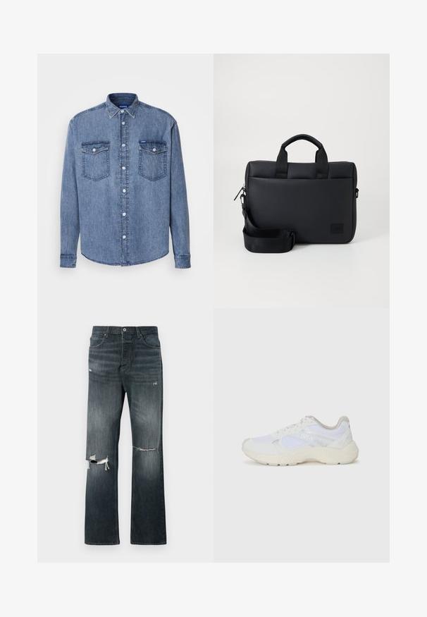 Camicia in denim di colore azzurro chiaro con abbottonatura frontale, due tasche sul petto e colletto classico. Presenta dettagli di cucitura e un'etichetta con logo.; Jeans in denim con lavaggio scuro e fit rilassato, caratterizzati da due strappi alle ginocchia, chiusura con bottone standard e design a cinque tasche.; Scarpe da ginnastica bianche in mesh e suede, con una suola intermedia testurizzata, dettagli testurizzati e il logo "HUGO" sul lato.; Borsa per laptop nera con texture, dotata di doppie maniglie superiori, tracolla staccabile, chiusura con zip e un piccolo patch logo per il branding.