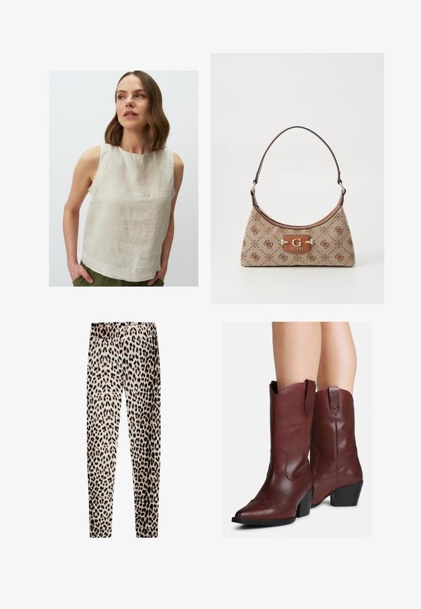 Jimmy Key ROUND NECK SLEEVELESS  - Camicetta - taş; Top mauve a maniche lunghe con scollatura a barca, vita aderente con leggera arricciatura su entrambi i lati, mostrato disteso su sfondo bianco.; Leggings in stampa leopardata realizzati in tessuto morbido, dotati di un elastico in vita, gambe lunghe e sottili, con una combinazione di motivi beige, neri e marroni.; Gambe che indossano stivali western in pelle marrone a metà polpaccio con tacco a blocco e linguette per tirare su su uno sfondo bianco.; Borsa a tote in tessuto beige con dettagli a motivo marrone. Presenta una forma curva, una tracolla singola e una placca con logo nella parte anteriore con finiture in metallo argentato.