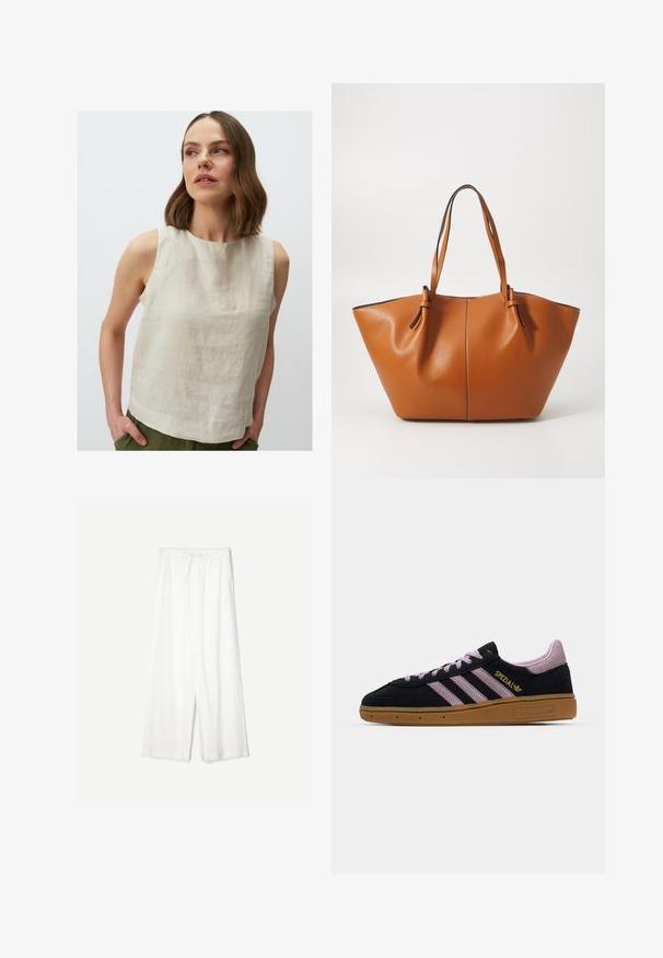 Jimmy Key ROUND NECK SLEEVELESS - Blouse - taş; White wide-leg pants with a drawstring waist, shown against a plain background, emphasizing their relaxed style and fabric texture.; Black and pink suede sneaker with rubber sole, three pink stripes, golden "SPEZIAL" branding, and textured gum sole. Low-top design.; Brown leather tote bag with a wide, angular shape; features two long handles and contrasting stitching along the edges.