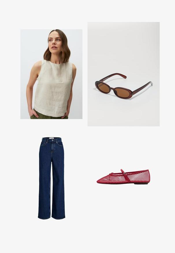 Jimmy Key ROUND NECK SLEEVELESS - Bluse - taş; Hochgeschnittene, dunkelblaue Jeans aus Denim mit weitem Bein, Knopfverschluss vorne und fünf Taschen.; Rote Netz-Ballerinas mit spitzem Zehenbereich, ausgestattet mit einem dünnen Riemen und Schnallen-Detail. Das Obermaterial hat ein offenes Wabenmuster.; Runde, braun getönte Sonnenbrillen mit einem glänzenden burgunderfarbenen Rahmen. Schlanke Bügel mit dezentem Branding. Flaches Linsendesign.