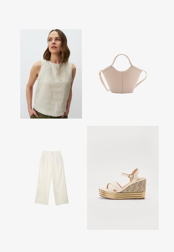 Jimmy Key ROUND NECK SLEEVELESS - Blouse - taş; Wide-leg trousers in cream fabric with a smooth texture, featuring a single front button, subtle pleats, and a high waist design.; Wedge sandals with a cream fabric upper, adjustable ankle strap, and textured woven heel featuring gold accents and layered straw.; Beige leather handbag with a unique shape, featuring two short handles and a long adjustable strap. Smooth texture with minimal hardware.