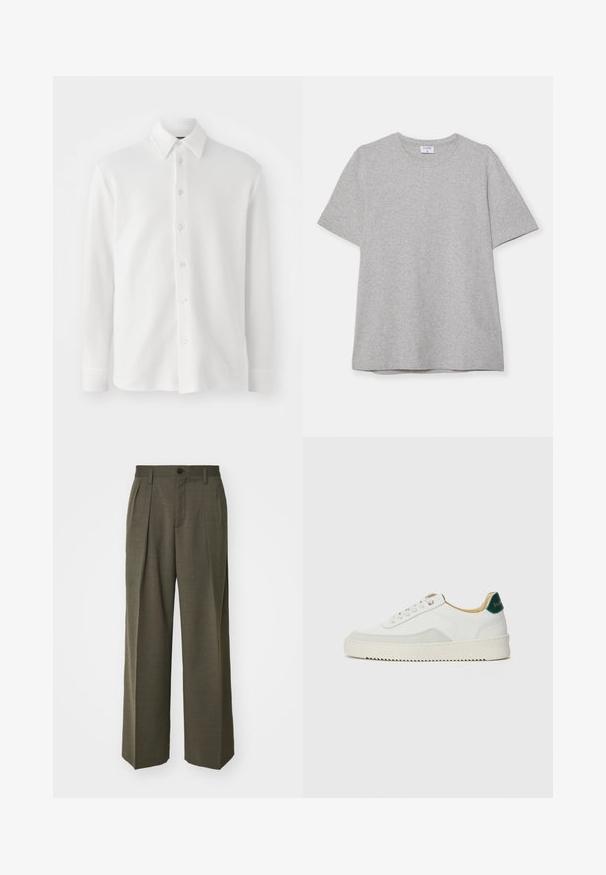 Weißes Hemd mit Knopfleiste aus strukturiertem Stoff. Verfügt über einen klassischen Kragen, lange Ärmel und sechs Knöpfe auf der Vorderseite. Weiches, leichtes Design.; Graues T-Shirt mit kurzen Ärmeln aus weichem, strukturiertem Stoff. Verfügt über einen klassischen Rundhalsausschnitt und einen geraden Saum, geeignet für legere Trageanlässe.; Filippa K WIDE TROUSERS - Stoffhose - driftwood; Weiße Sneaker mit Wildlederelementen, runder Zehenpartie, flachen Schnürsenkeln und einer cremefarbenen Gummisohle. Mit grünen Markenlogo am Fersenbereich.