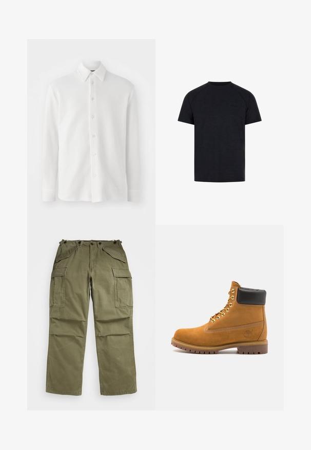 Chemise blanche à boutonnage classique en tissu texturé. Dotée d'un col classique, de manches longues et de six boutons sur le devant. Design doux et léger.; T-shirt noir à col rond fabriqué en tissu lisse. Présente des manches raglan courtes et un logo en relief subtil au niveau de la poitrine.; Pantalons cargo vert olive en tissu texturé, dotés de multiples poches avant et latérales et d'une couture renforcée sur les coutures.; Bottine en daim beige avec un col rembourré noir, œillets en métal doré, détails de surpiqûres blanches et semelle en caoutchouc robuste avec des crampons prononcés.