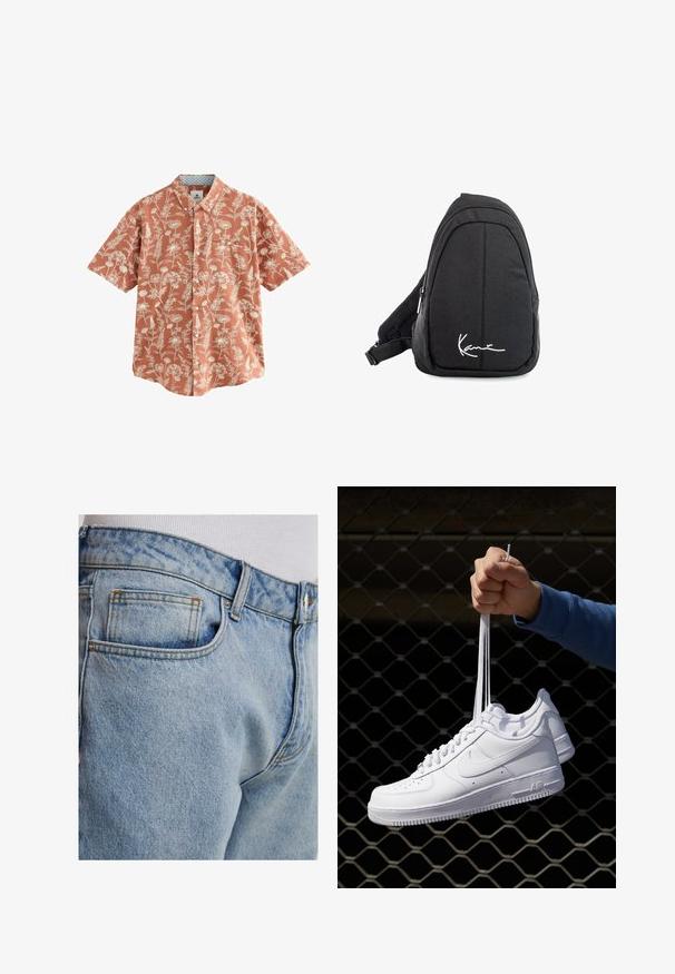 Chemise à manches courtes en terre cuite avec un motif floral blanc. Comprend une poche poitrine et un col intérieur à motif.; Jean en denim bleu clair avec une coupe classique, doté d'une poche arrière, de surpiqûres contrastées et d'une texture lisse.; Baskets en cuir blanc avec perforations, à bout rond, semelle plate et lacets épais, arborant un logo swoosh visible et "AIR" sur le talon.; Sac à dos en toile noire avec une texture lisse, arborant un design courbé, un compartiment zippé et un logo blanc sur le devant.