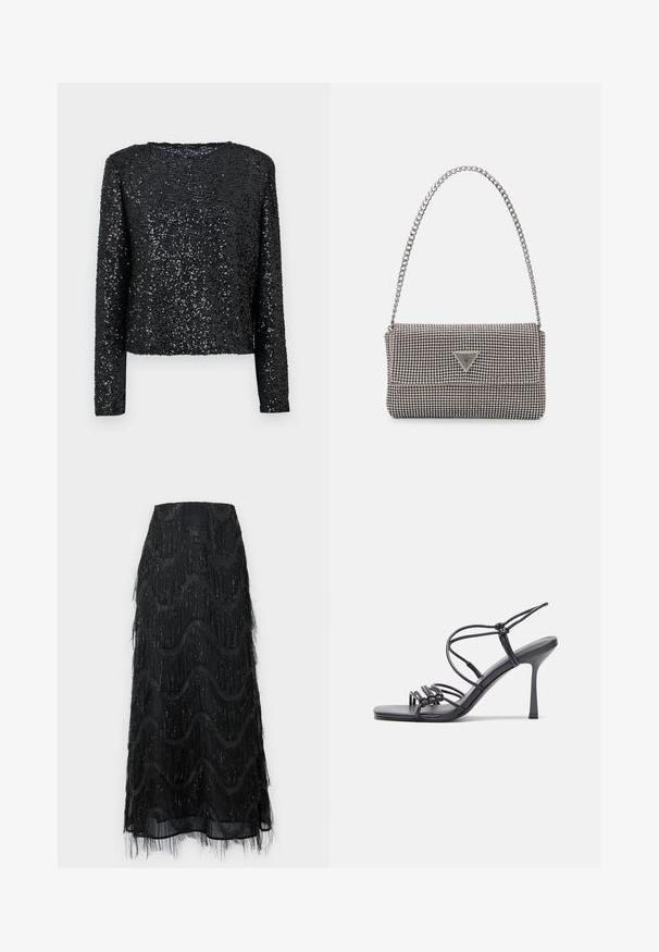 Melna garajām piedurknēm augšdaļa, kas pārklāta ar mazām spuldzītēm, ar apaļu kakla izgriezumu un brīvu piegriezumu, ar gludu tekstūru un mirdzošu virsmu.; Melnā midi svārki ar kārtainu fringu un viļņveida rakstiem. Izgatavoti no caurspīdīgas materiāla ar spīdīgām akcentēm gar malām.; Melnas augstpapēžu sandales ar plāniem siksniņām un mezgla dizainu, gluda kvadrātveida purngalu un elegantu stiletto papēdi.; Gaiši pelēka metāla rokassoma ar ķēdes siksnu, rotāta ar mazām apaļām metāla kniedēm un trīsstūra zīmola logo.