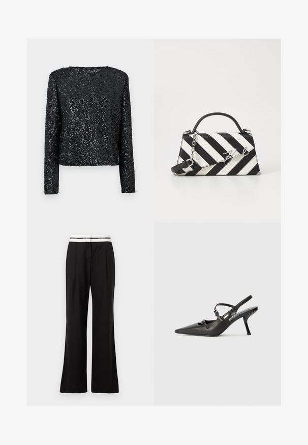 Schwarzes Langarmoberteil, das mit kleinen Pailletten bedeckt ist, mit einem runden Ausschnitt und einer lockeren Passform, mit einer glatten Textur und glitzernder Oberfläche.; Schwarze Hosen mit lockerem Schnitt, ausgestattet mit einem weißen elastischen Bund mit Branding. Hergestellt aus glattem Stoff mit leichtem Glanz.; Schwarzlederne Slingback-Absätze mit spitzer Zehenform, schlankem Absatz und dekorativem Schnallendetail auf dem Blatt. Glatte Textur und elegantes Design.; Schwarz-weiße gestreifte Handtasche mit strukturierter Form, ausgestattet mit einem oberen Griff, einem abnehmbaren Kettenriemen und einem metallischen Logo-Detail.