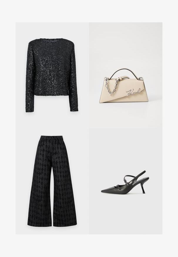 Schwarzes Langarmoberteil, das mit kleinen Pailletten bedeckt ist, mit einem runden Ausschnitt und einer lockeren Passform, mit einer glatten Textur und glitzernder Oberfläche.; Schwarz weitgeschnittene Hosen mit strukturiertem Muster, hoher Taille, Vorderentaschen und verdecktem Knopfverschluss. Weicher Stoffabschluss.; Schwarzlederne Slingback-Absätze mit spitzer Zehenform, schlankem Absatz und dekorativem Schnallendetail auf dem Blatt. Glatte Textur und elegantes Design.; Beige Leder-Handtasche mit einer strukturierten, dreieckigen Form, ausgestattet mit einem silbernen Kettenhenkel und einem geschwungenen Logo aus Metall.
