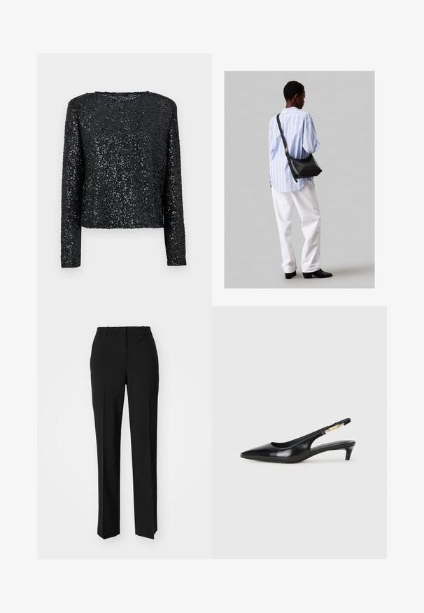 Must mustre kohtuga must pikkade varrukate särk, millel on väiksed sädelevad litrid, ümar kaelus ja vabalt langev lõige, sile tekstuur ja särav pind.; Mustad ja sirged püksid, millel on sile tekstuur ja teravad voldid esiosas. Ilma nähtavate detailideta.; Mustad nahast slingback kontsad terava ninaga, millel on õhuke konts ja kuldse tooni aktsent reguleeritaval rihmal. Sile tekstuur.; Must have mustras alasi nahkpatsi, pehme tekstuuriga, kolmnurkse kujuga ja reguleeritava rihmaga, koos helesinise triibulise särgi ja valgete pükstega.