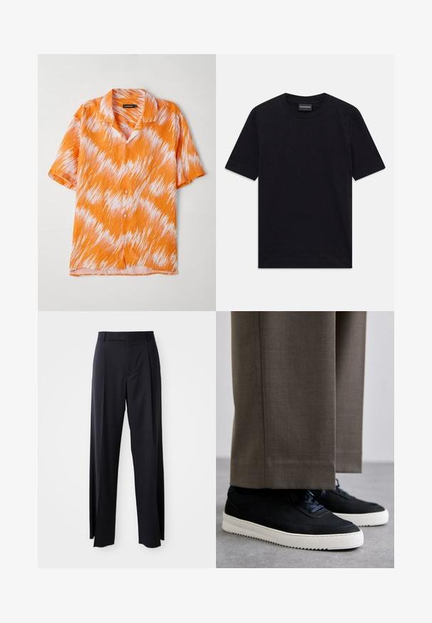 Košulja kratkih rukava u narančastoj i bijeloj boji, s zigzag uzorkom, ovratnikom i prednjim zatvaranjem na gumbiće. Lagana, teksturirana tkanina.; Crna kratkotrajna majica s okruglim izrezom i suptilnim reljefnim uzorkom, s oznakom branda unutar ovratnika, položena ravno na bijeloj pozadini.; Crne, hlače visokog struka s širokim nogavicama, izrađene od glatkog materijala. Sadrže prednje nabore i petlje za remen. Minimalistički dizajn, bez vidljivih metalnih dijelova.; Crne nubuk tenisice s bijelim gumenim potplatima, s zaobljenim vrhom i vezicama, uparene s sivim krojenim hlačama.