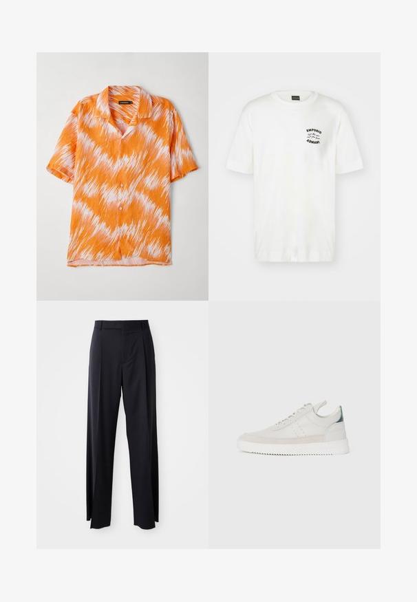 Short-sleeve shirt in orange and white, featuring a zigzag pattern, collared design, and button front closure. Lightweight, textured fabric.; White cotton t-shirt with a crew neck and short sleeves. Features a black embroidered logo on the left chest. Smooth texture.; Black, high-waisted trousers with a wide-leg cut, made of smooth fabric. Features front pleats and belt loops. Minimalistic design, no visible hardware.; White leather sneakers with gray suede accents, lace-up design, pull tab, and textured rubber sole featuring a zigzag pattern.