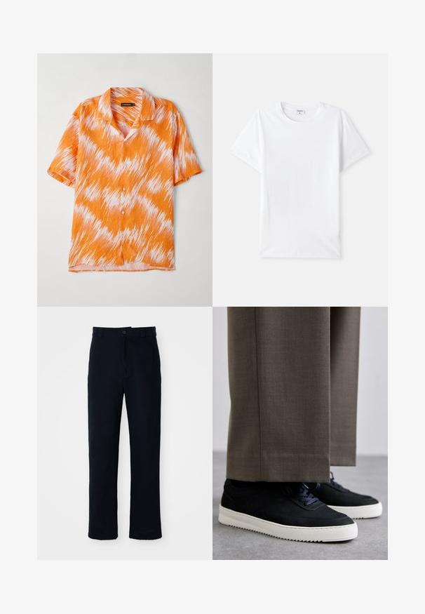 Kortærmet skjorte i orange og hvid med et zigzag-mønster, kravedesign og knaplukning foran. Letvægts, struktureret stof.; Hvid bomulds t-shirt, rund halsudskæring, korte ærmer, glat tekstur, ingen mønstre eller accenter, simpel design, standard pasform.; Mørkeblå bukser lavet af bomuld, med en lige ben-design, en frontknaplukning og en klassisk talje med bæltestropper.; Sorte ruskind sneakers med hvide gummisåler, med rund tå og snørebånd, båret med grå skræddersyede bukser.