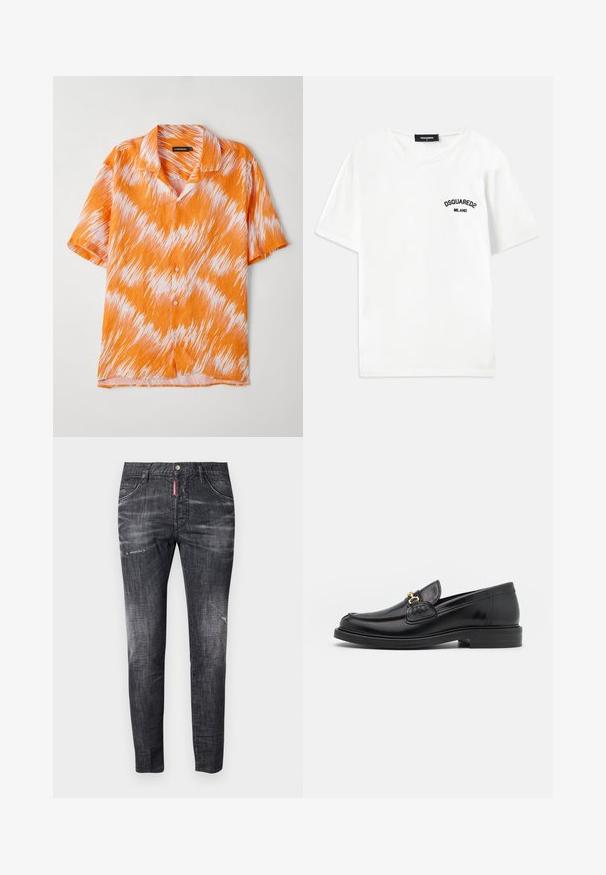 Kurzarmhemd in Orange und Weiß mit einem Zickzackmuster, kragenförmigem Design und Knopfschluss. Leichter, strukturierter Stoff.; Weißes Baumwoll-T-Shirt mit Rundhalsausschnitt, kurzen Ärmeln und einem schwarz gestickten Logo mit der Aufschrift "DSQUARED2 MILANO" auf der linken Brust.; Dunkelgraue Denim-Jeans mit schlankem Schnitt, subtilen Ausbleichungen, Abnutzungsspuren an den Oberschenkeln, fünf Taschen und einem kontrastierenden roten Etikett.; Schwarze Lederleter mit einer abgerundeten Zehenpartie, ausgestattet mit goldenen Hardwareakzenten und Stichdetails, auf einer niedrigen, strukturierten Gummisohle.