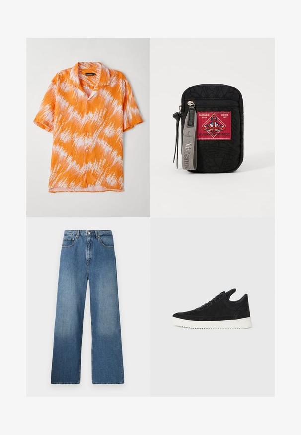 Īsām piedurknēm krekls oranžā un baltā krāsā ar zigzaga rakstu, ar apkakli un pogu slēgšanu priekšpusē. Viegls, teksturēts audums.; Platmalu, zili džinsi ar klasisku piecu kabatu dizainu, priekšējo pogu aizdari un nelielu izbalējumu tekstūras nodrošināšanai.; Melna zamša apavi ar baltu gumijas zoli, ar tonālu izšuvumu un auklu dizainu. Gluda tekstūra ar mūsdienīgu, plūstošu formu.; Melns maisiņš ar teksturētu audumu, ar sarkano ielāpu ar logo, ar rāvējslēdzēju un pelēku siksnu ar iegravētu zīmola nosaukumu.