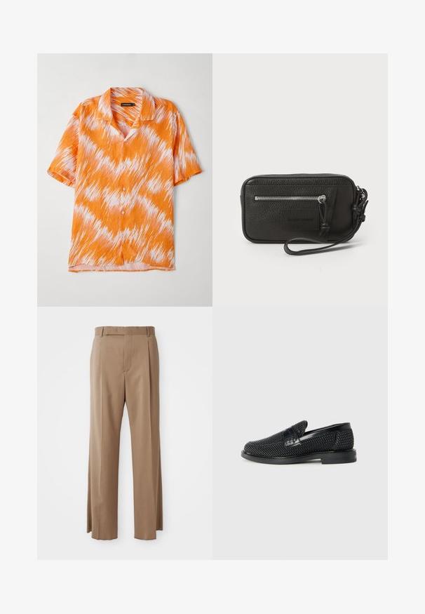 Korte mouwen shirt in oranje en wit, met een zigzagpatroon, met kraagdesign en knoopsluiting aan de voorkant. Lichtgewicht, gestructureerde stof.; Lichtbruine op maat gemaakte broek met rechte pijpen, riemlussen, voornaad en verborgen sluiting, plat weergegeven op een witte achtergrond.; Zwartegeweven instap schoenen met een glad leren accent aan de bovenkant, een ronde neusontwerp en een laag profiel rubberen zool.; Zwarte leren clutch met een gestructureerd oppervlak, voorzak met rits en een afneembare polsband. Beschikt over een logo-opdruk aan de voorkant. Rechthoekige vorm.