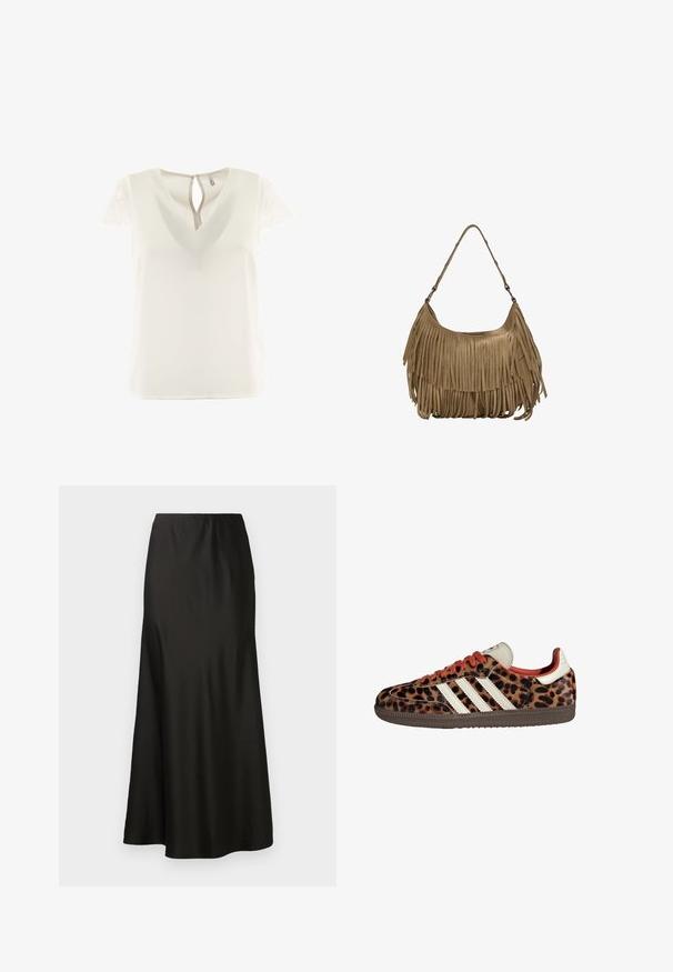 Bela bluzica z V izrezom in čipkastimi kratkimi rokavi. Hrbtna stran ima odprtino v obliki ključa. Gladka tekstura, lahka tkanina.; Črna satenska maxi krila z gladko teksturo, visokim pasom in razširjenim dnom. Ima preprost dizajn brez vidnih vzorcev ali kovinskih delov.; Teniske z leopardjim vzorom iz semiša, rdečimi vezalkami in tremi belimi črtami ob strani. Imajo kremasto barvo jezička in rjavo podplat.; Rjava zamskasta torbica z dolgimi resicami, ukrivljenim oblikovanjem in enim naramnim trakom. Ima gladko, teksturirano površino.