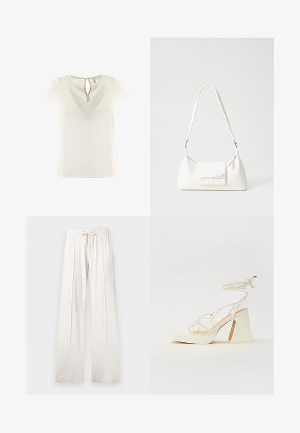 Bluză albă cu decolteu în V și mâneci scurte din dantelă. Spatele are o deschidere în formă de cheie. Textură fină, material ușor.; Pantaloni de trening bej deschis, confecționați dintr-un material moale, având o talie cu șnur, picioare largi și cusături verticale, cu o textură netedă.; Sandale albe cu toc înalt și gros, cu un design cu curele și legătură la gleznă. Textură netedă, cu o platformă frontală pentru înălțime suplimentară.; Geantă sintetică albă, cu formă triangulară, capac frontal plat și detaliu cu fundă, curea ajustabilă, textură netedă și design minimalist.