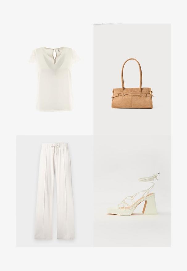Blouse blanche avec un décolleté en V et des manches courtes en dentelle. Le dos présente une ouverture en forme de goutte. Tissu léger et texture lisse.; Pantalons de jogging beige clair en tissu doux, dotés d'une taille à cordon, de jambes larges et de coutures verticales, avec une texture lisse.; Sandale blanche à talons hauts avec un talon épais, présentant un design à lanières et un lien autour de la cheville. Texture lisse avec une plateforme à l'avant pour une hauteur supplémentaire.; Sac en daim beige avec deux longues poignées, de forme rectangulaire et avec des coutures décoratives. Dispose d'une bandoulière et de subtils accents en métal doré.