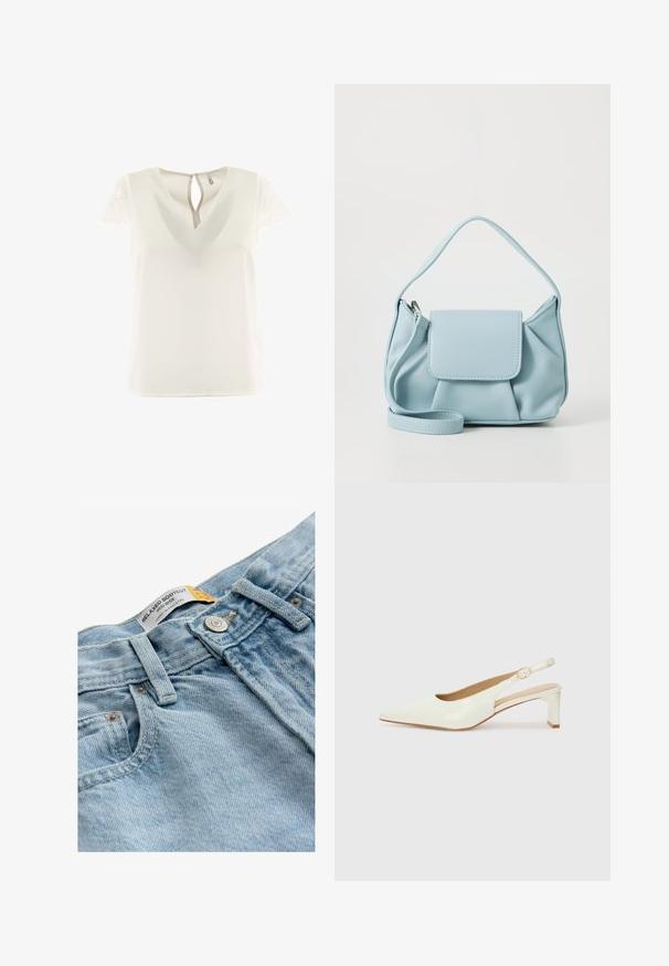 Weiße Bluse mit V-Ausschnitt und kurzen Spitzenärmel. Der Rücken hat eine Schlüssellochöffnung. Glatte Textur, leichtes Material.; Hellblaue Jeans im entspannten Bootcut-Design, mittelhoher Bund, Metallknopfverschluss und ein Etikett mit der Aufschrift "ENTSPANNTER BOOTCUT."; Weiße Lackleder-Slingback-Schuhe mit spitzem Zehenbereich und niedrigem Blockabsatz. Mit einem dezenten Riemen und einer Schnalle in goldfarbener Optik.; Hellblaues Lederhandtasche mit einem oberen Griff, einer vorderen Klappen-Tasche und einem abnehmbaren Handgelenkriemen auf einem weißen Hintergrund.