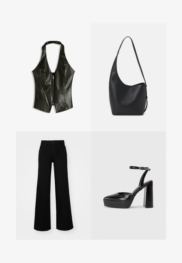 Czarny skórzany top na halter z głębokim dekoltem w kształcie V, z zamkiem błyskawicznym z przodu oraz marszczonym paskiem na szyję dla dodatkowego detalu i faktury.; Czarne szerokie spodnie dżinsowe z usztywnionym pasem, szlufkami na pasek i kieszeniami z przodu. Gładka faktura o klasycznym fasonie.; Czarne platformy na wysokim obcasie z szpiczastym noskiem i regulowanym paskiem na kostkę. Wykonane z gładkiej skóry, z grubym słupkowym obcasem.; Czarna skórzana torba hobo o gładkiej fakturze, zaokrąglonym kształcie i pojedynczym, regulowanym pasku; posiada szerokie otwarcie na górze.