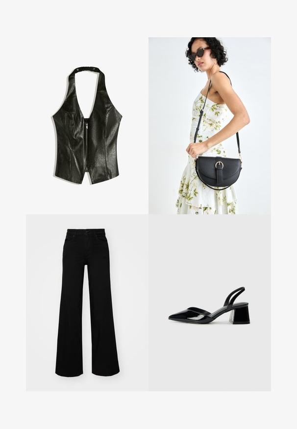 Top din piele neagră cu bretele halter și decolteu adânc în V, având un fermoar în față și o curea gătită la gât pentru un plus de detaliu și textură.; Pantaloni negri cu picioare largi, din denim, cu un brau structurat, bucle pentru curea și buzunare frontale. Textură netedă, cu un design clasic.; Pantofi cu toc slingback din piele lacuită neagră, cu vârf ascuțit și toc geometric. Prezintă un design elegant, minimalist și o textură netedă.; Geantă din piele neagră, cu o formă curbată, curea detașabilă și accesorii aurii. Geanta are un capac cu un detaliu tip cataramă.