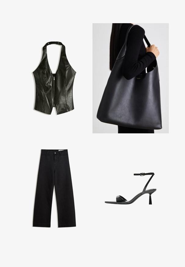 Černý kožený halter top s hlubokým V-výstřihem, se předním zipem a nařaseným krčním páskem pro zvýraznění detailů a textury.; Černé denimové kalhoty s volným střihem a vysokým pasem, vybavené předními a zadními kapsami, prošívanými švy a knoflíkovým zapínáním. Hladká textura.; Bershka Sandály na vysokém podpatku - black; Černá kožená taška přes rameno s hladkou texturou, nadměrným tvarem a jedním ramenním poprukem. Obsahuje zlatý logo akcent.