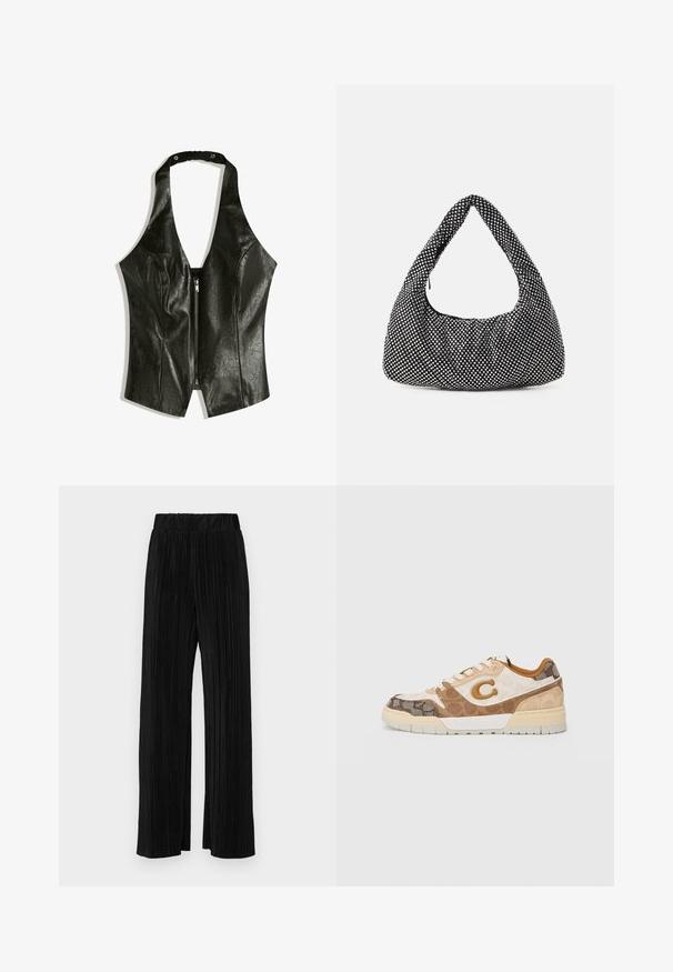 Fekete bőr nyakpántos felső mély V kivágással, elől cipzárral és összegyűrt nyakpánttal a részletek és a textúra fokozása érdekében.; Fekete pliszírozott nadrág gumis derekkal. Széles lábakkal rendelkezik, sima, texturált anyagból készült, függőleges csíkokkal.; COACH SOHO - Sportcipő - multi; Fekete táska ívelt, hobo alakban, texturált anyaggal, ezüst szegecsekkel. Egyetlen felső fogantyú, cipzáras záródás és puha sziluett.