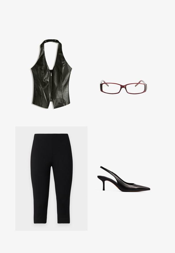 Čierny kožený halter top s hlbokým V-výstrihom, so zipsom vpredu a nariaseným krčnými popruhmi pre pridaný detail a textúru.; Čierne 3/4 legíny vyrobené z elastického materiálu, s priliehavým strihom a hladkou textúrou, bez viditeľných vzorov alebo akcentov.; NA-KD Klasické lodičky na opätku - black; Červené obdĺžnikové dioptrické okuliare s elegantným dizajnom. Priehľadné šošovky, mierne priesvitné rámiky a prechodový efekt od červenej po šedú.