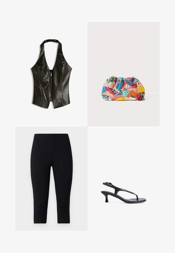 Czarny skórzany top na halter z głębokim dekoltem w kształcie V, z zamkiem błyskawicznym z przodu oraz marszczonym paskiem na szyję dla dodatkowego detalu i faktury.; Czarne legginsy capri wykonane z elastycznego materiału, o dopasowanym kroju i gładkiej fakturze, bez wyraźnych wzorów czy akcentów.; Czarne skórzane sandały o smukłym designie, cienkich paskach i małym obcasie. Posiadają akcent w postaci sprzączki oraz gładką, teksturowaną wkładkę.; Kolorowa, tkana torebka kopertówka z różnymi wzorami w odcieniach różu, niebieskiego, zielonego i żółtego, z teksturowanymi ozdobami i dekoracyjnymi akcentami.