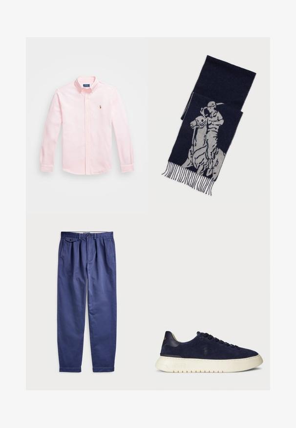 Ljusrosa bomullsskjorta med knappar, klassisk krage, långa ärmar och en broderad logotyp på vänster bröst.; Marina bomullbyxor med avslappnad passform, som har veck framtill, två sidofickor och en knappknäppning i midjan.; Mörkblå mocka låg top sneaker med en strukturerad yta, gummisula och tonade snören, med en liten logotyp på sidan och hälen.; Marinblå scarf med grå grafik av en polo-spelare på hästryggen, med fransade kanter.
