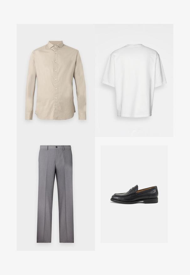Beżowa koszula z długim rękawem, zapinana na guziki, z ostrym kołnierzykiem, sześcioma guzikami z przodu i dopasowanym krojem.; Biała, krótkiego rękawa koszulka, luźny krój, okrągły dekolt, gładki bawełniany materiał, nieozdobione plecy, prosta linia dołu, bez wzorów ani akcentów.; Szare dopasowane spodnie z płaskim przodem, dwoma bocznymi kieszeniami i pojedynczym zapięciem na guzik. Gładka faktura z delikatnym wzorem w prążek.; Czarne skórzane mokasyny o gładkim wykończeniu, zaokrąglonym nosku i dekoracyjnym przeszyciu na cholewce. Niski, warstwowy obcas i delikatny połysk.