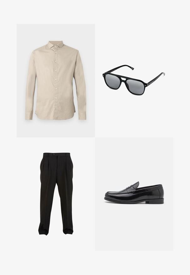 Beige košile s dlouhým rukávem, s cípatým límcem, šesti předními knoflíky a přizpůsobeným střihem.; Černé kalhoty z hladké tkaniny, se zapínáním na tlačítko v pase, předními sklady a zúženými manžetami u kotníků. Klasický elegantní střih.; Černé kožené mokasíny s kulatou špičkou, dekorativním prošíváním a nízkým podpatkem. Hladký povrch s jemným leskem. Klasický design bez zdobení.; Černé sluneční brýle s obdélníkovými rámy, šedými tónovanými skly a designem s výřezem ve střední části. Hladký, lesklý plastový materiál, s úzkými stranami.