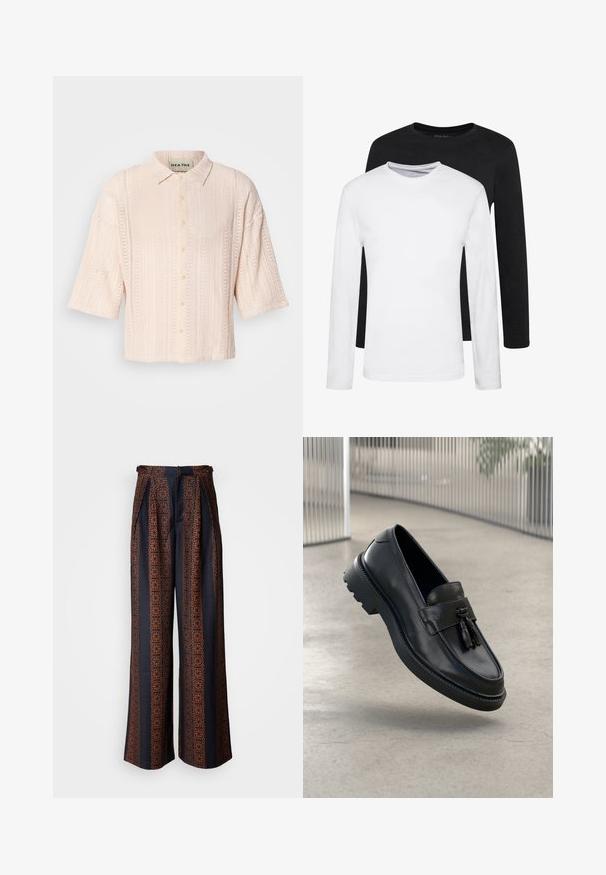 Šviesiai rožinė trumpomis rankovėmis marškiniai su apykakle, turintys tekstūruotą mezginį ir užsegimą mygtukais priekyje.; Du švarkai su ilgomis rankovėmis, vienas juodas ir vienas baltas, pagaminti iš medvilnės, su apvaliais iškirpimais ir lygiu paviršiumi, išdėstyti sluoksniuotai.; Plati kelnės tamsiai mėlynos spalvos audinyje su sudėtingu oranžiniu geometriniu raštu, su surinktu priekiu ir prigludusia juosmens linija.; Juodi odiniai bateliai be užsegimo su lygiu paviršiumi, dekoratyvine kutu, stora guminė pado danga ir siūtais akcentais. Lengvi ir elegantiško dizaino.