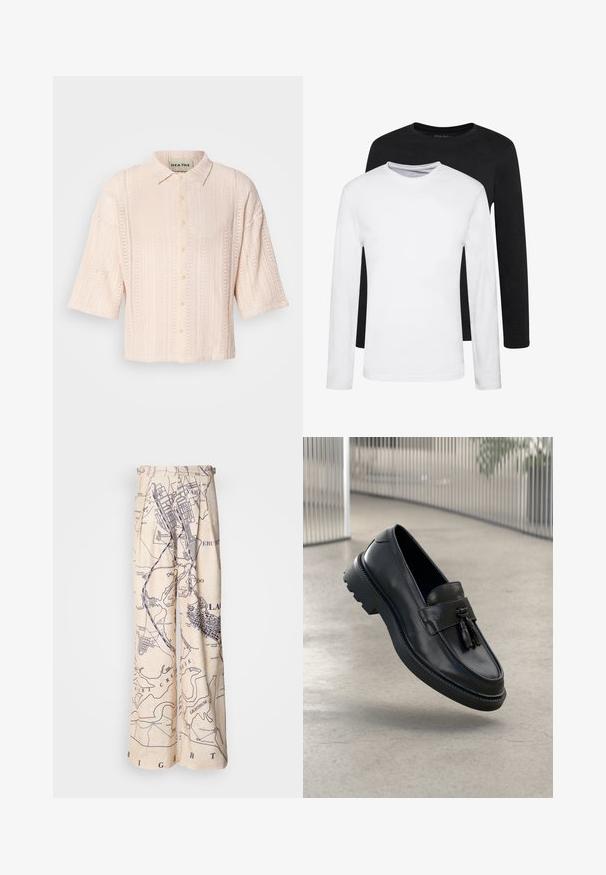 Svetloružová košeľa s krátkym rukávom a golierom, so štruktúrovaným pleteným vzorom a zapínaním na gombíky.; Dvoje tričiek s dlhým rukávom, jedny čierne a jedny biele, z bavlny s okrúhlym výstrihom a hladkou textúrou, zobrazené v uloženom usporiadaní.; Široké nohavice s potlačou mapy v námorníckej modrej farbe na béžovom pozadí, s skladaním v páse a voľným strihom.; Čierne kožené mokasíny s hladkým povrchom, dekoratívnym strapcom, hrubou gumovou podrážkou a prešívanými detailmi. Ľahký a elegantný dizajn.
